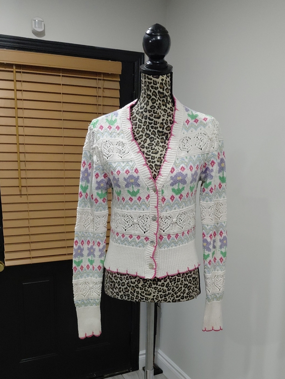 Zara White Knit Cardigan with Pink, Green & Lavender Floral Motif